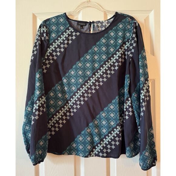 Talbots Navy Teal Turquoise White Tencel Lyocell Long Sleeve Top Size L - Picture 1 of 7